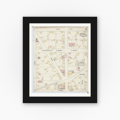 Old map wall art mockup — black gallery frame with white mat — Sanborn Fire Insurance Map from Fostoria, Seneca, Hancock, And Wood Counties, Ohio (1887), Sheet #0003