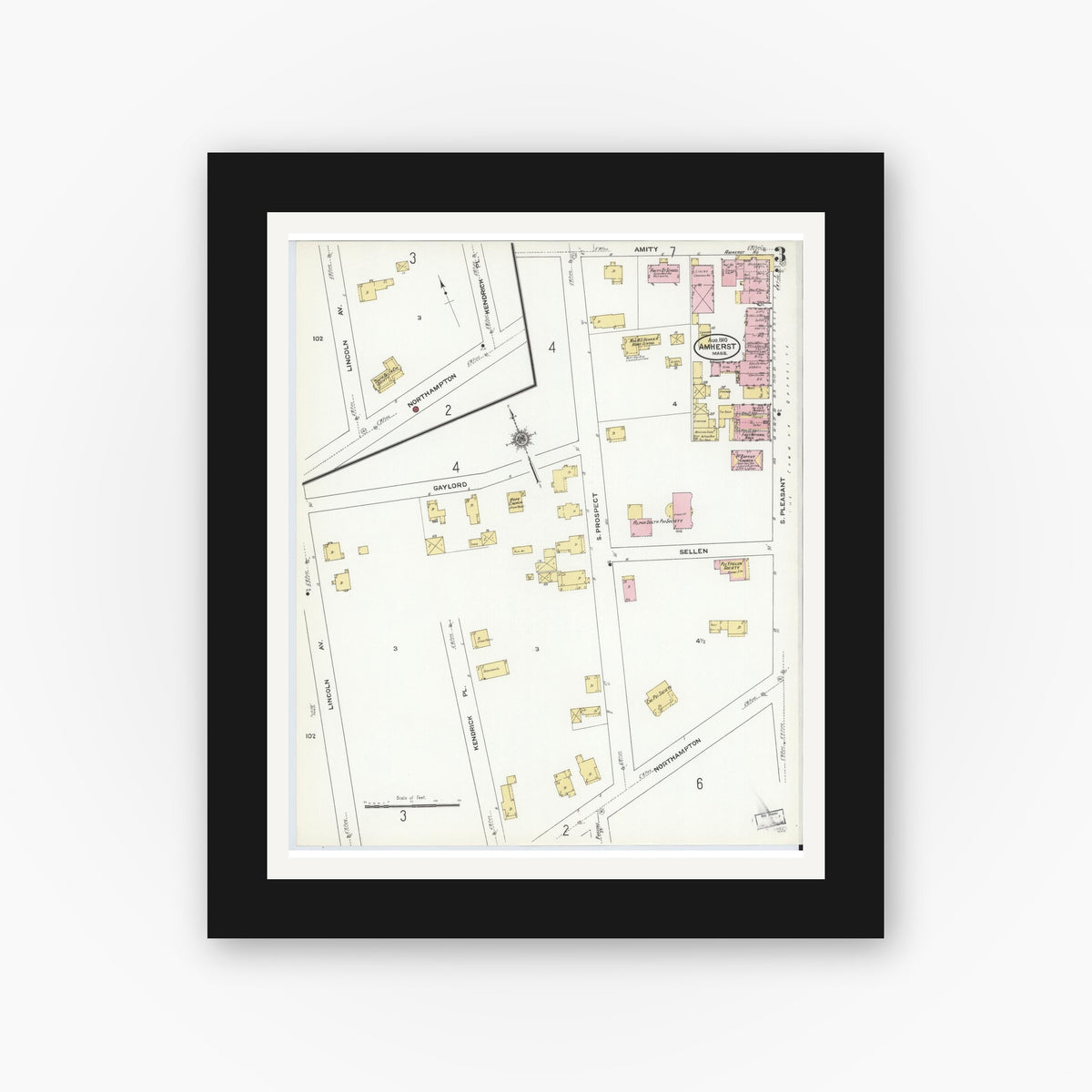 Old map wall art mockup — black gallery frame with white mat — Sanborn Fire Insurance Map from Amherst, Hampshire County, Massachusetts (1910), Sheet #0003