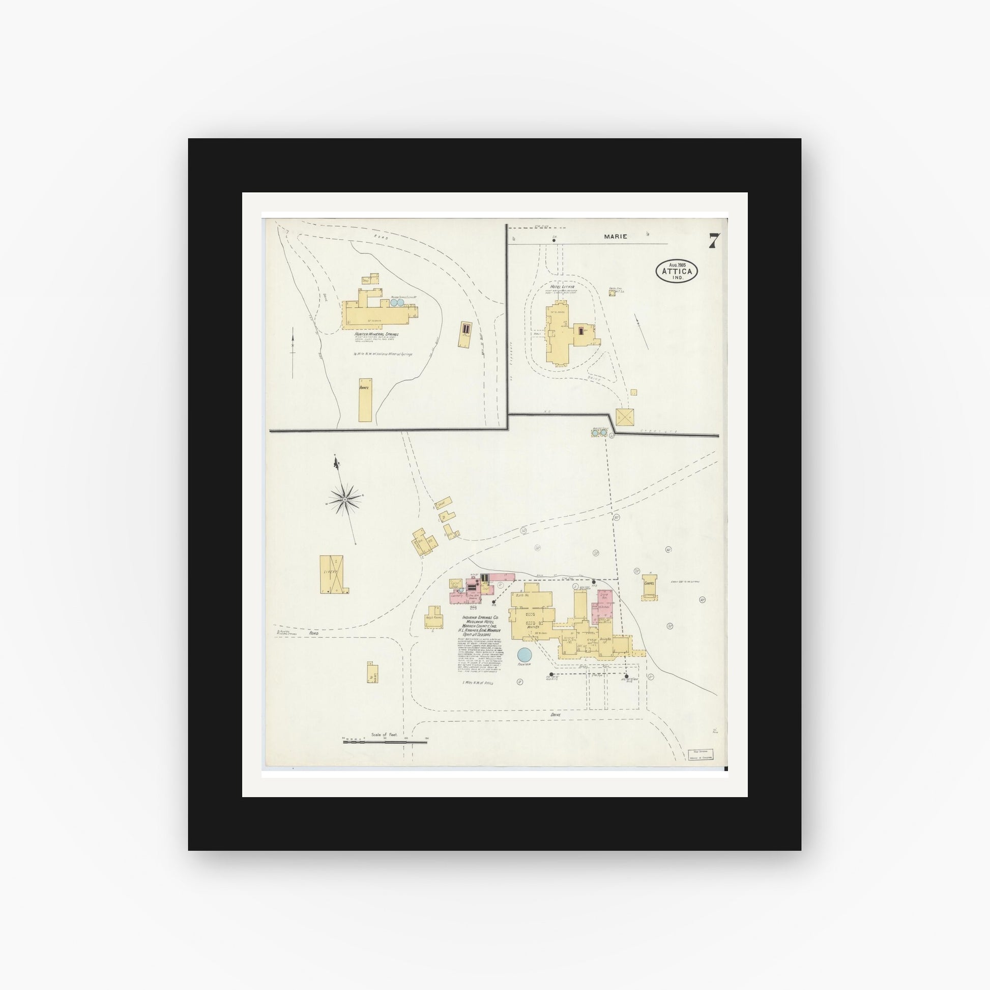 Old map wall art mockup — black gallery frame with white mat — Sanborn Fire Insurance Map from Attica, Fountain County, Indiana (1905), Sheet #0007