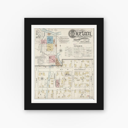 Old map wall art mockup — black gallery frame with white mat — Sanborn Fire Insurance Map from Marion, Grant County, Indiana (1887), Sheet #0001