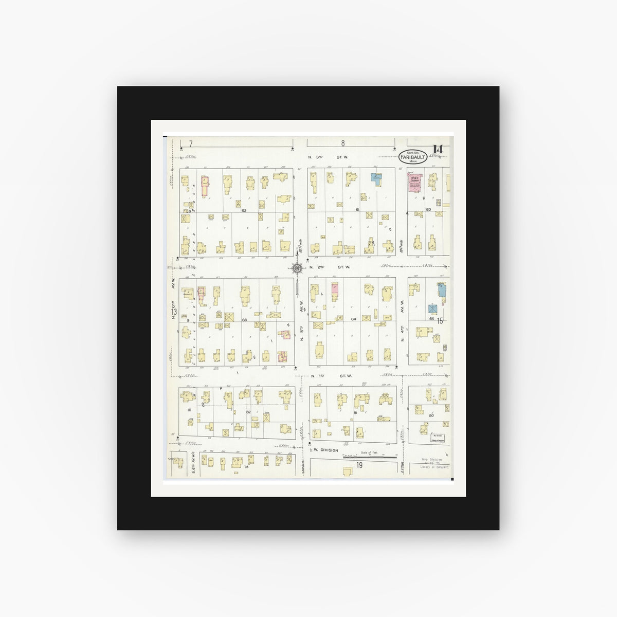 Old map wall art mockup — black gallery frame with white mat — Sanborn Fire Insurance Map from Faribault, Rice County, Minnesota (1914), Sheet #0014