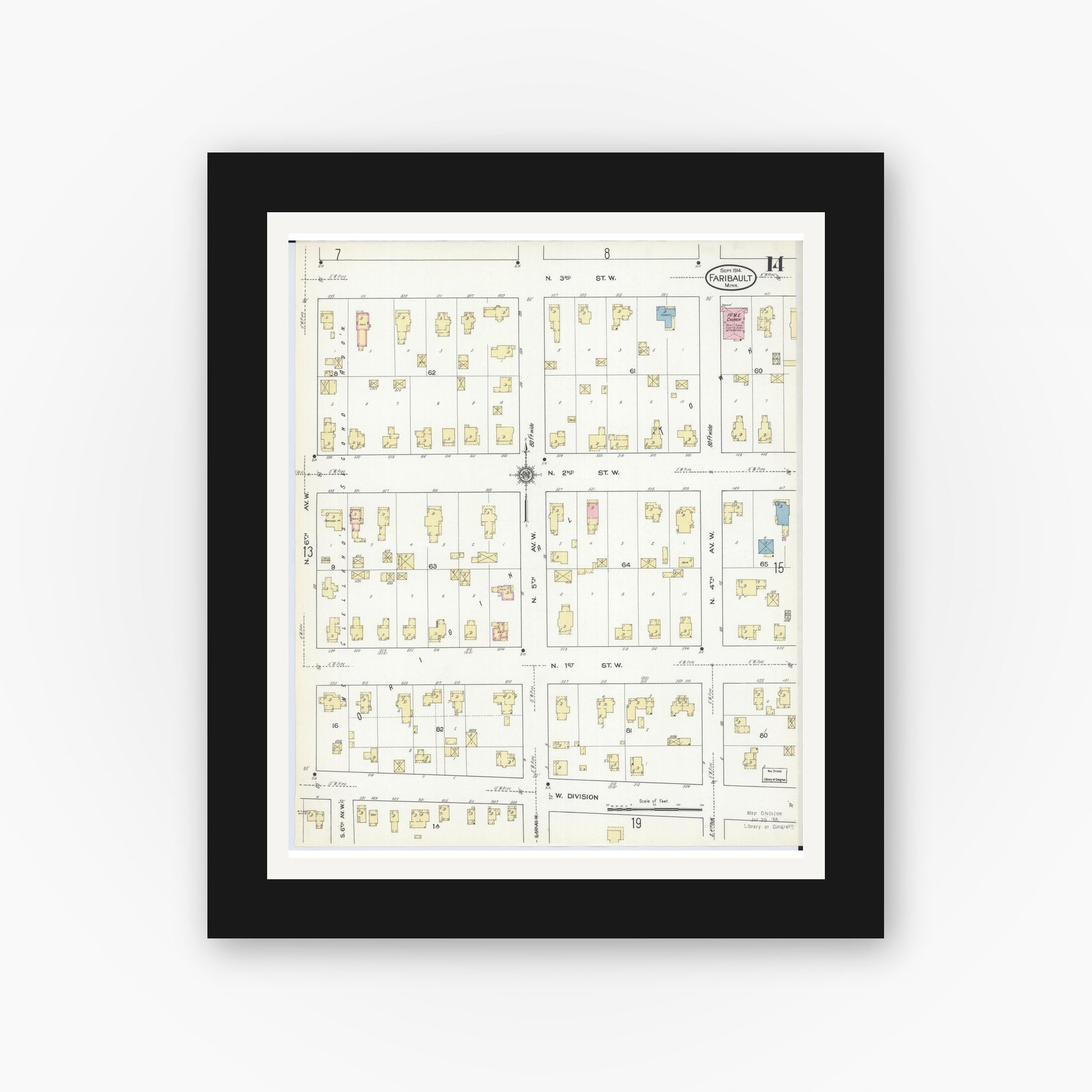 Old map wall art mockup — black gallery frame with white mat — Sanborn Fire Insurance Map from Faribault, Rice County, Minnesota (1914), Sheet #0014