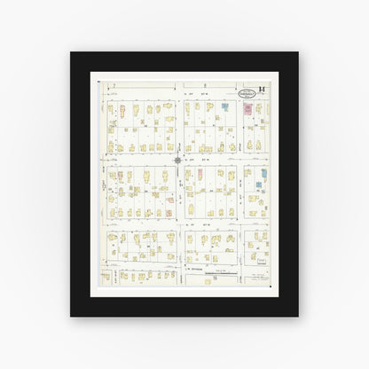 Old map wall art mockup — black gallery frame with white mat — Sanborn Fire Insurance Map from Faribault, Rice County, Minnesota (1914), Sheet #0014
