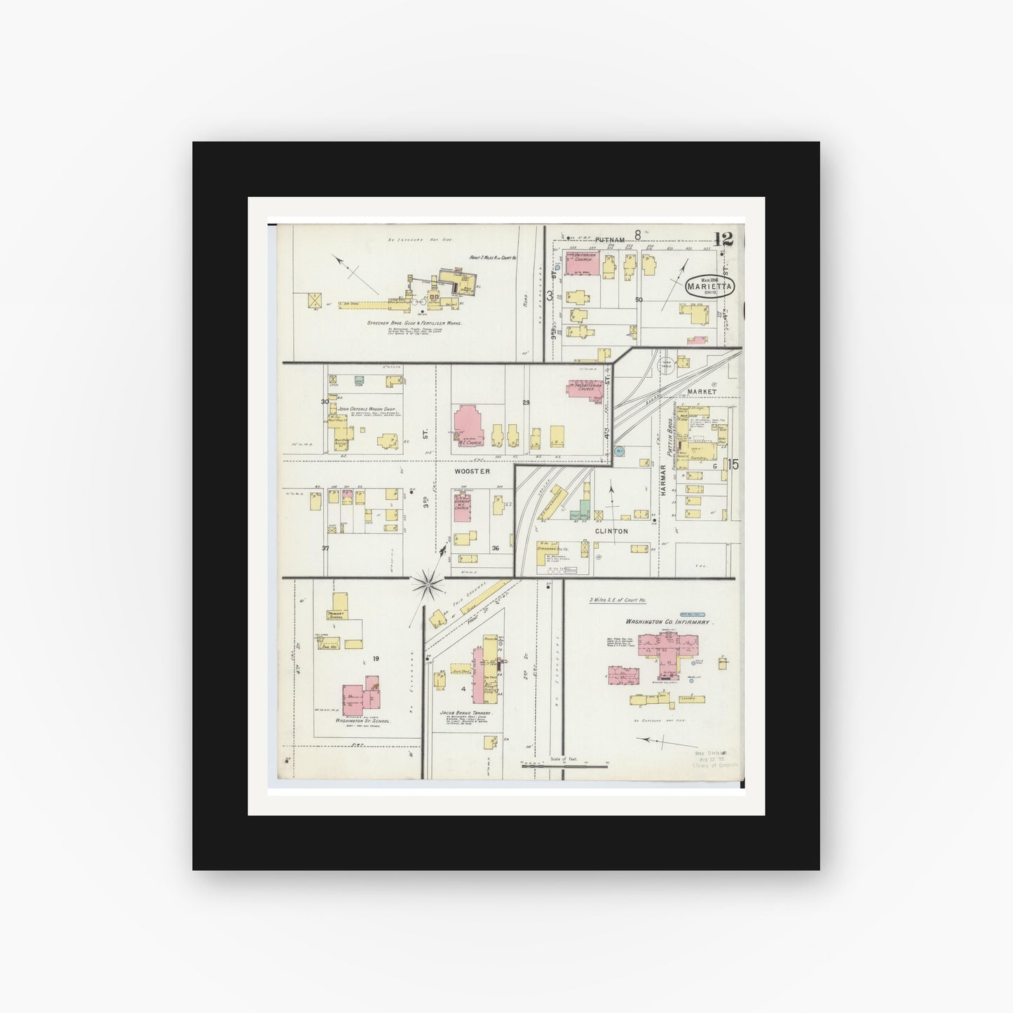 Old map wall art mockup — black gallery frame with white mat — Sanborn Fire Insurance Map from Marietta, Washington County, Ohio (1896), Sheet #0012