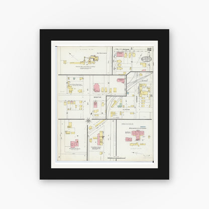 Old map wall art mockup — black gallery frame with white mat — Sanborn Fire Insurance Map from Marietta, Washington County, Ohio (1896), Sheet #0012