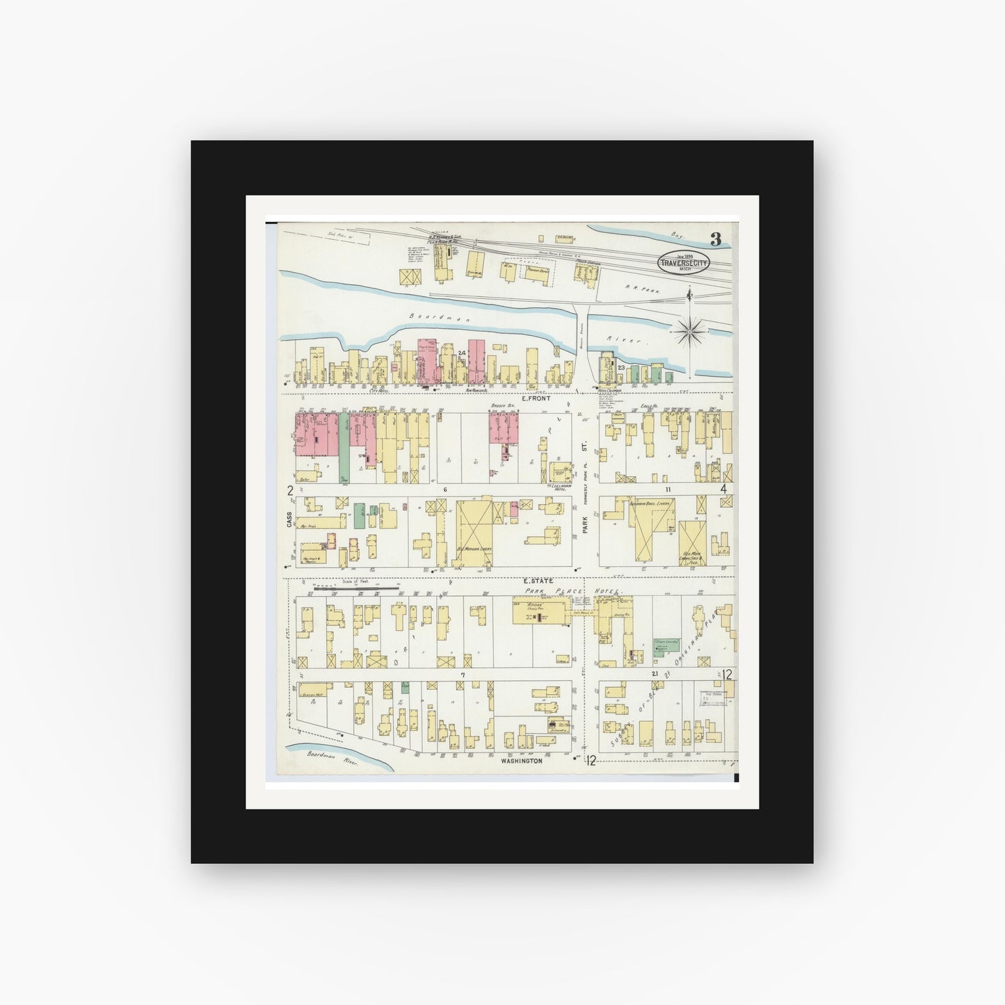 Old map wall art mockup — black gallery frame with white mat — Sanborn Fire Insurance Map from Traverse City, Grand Traverse County, Michigan (1899), Sheet #0003