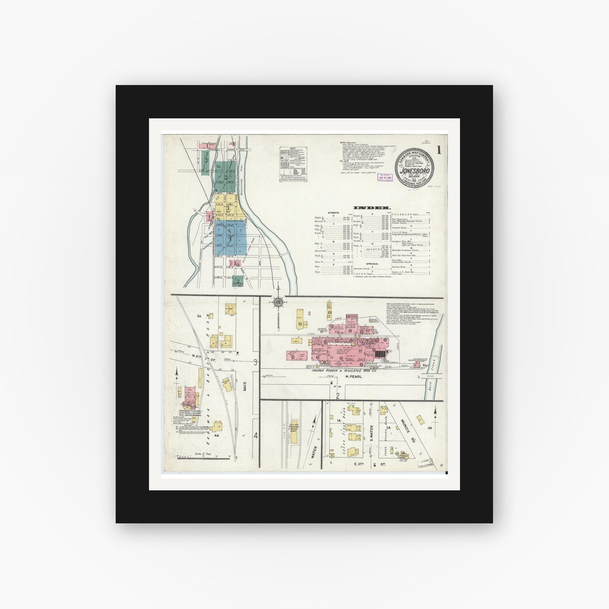 Old map wall art mockup — black gallery frame with white mat — Sanborn Fire Insurance Map from Jonesboro, Grant County, Indiana (1911), Sheet #0001