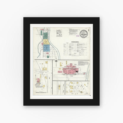 Old map wall art mockup — black gallery frame with white mat — Sanborn Fire Insurance Map from Jonesboro, Grant County, Indiana (1911), Sheet #0001