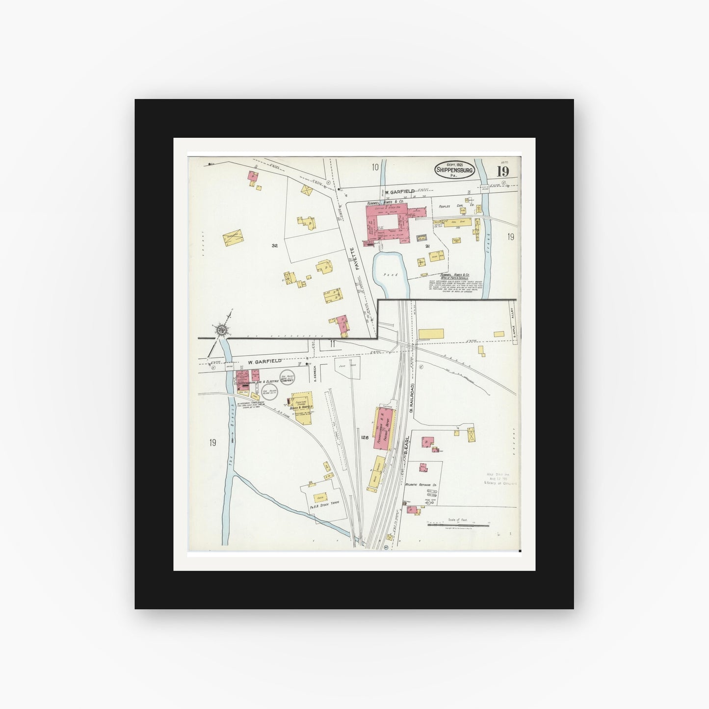 Old map wall art mockup — black gallery frame with white mat — Sanborn Fire Insurance Map from Shippensburg, Cumberland And Franklin Counties, Pennsylvania (1921), Sheet #0019