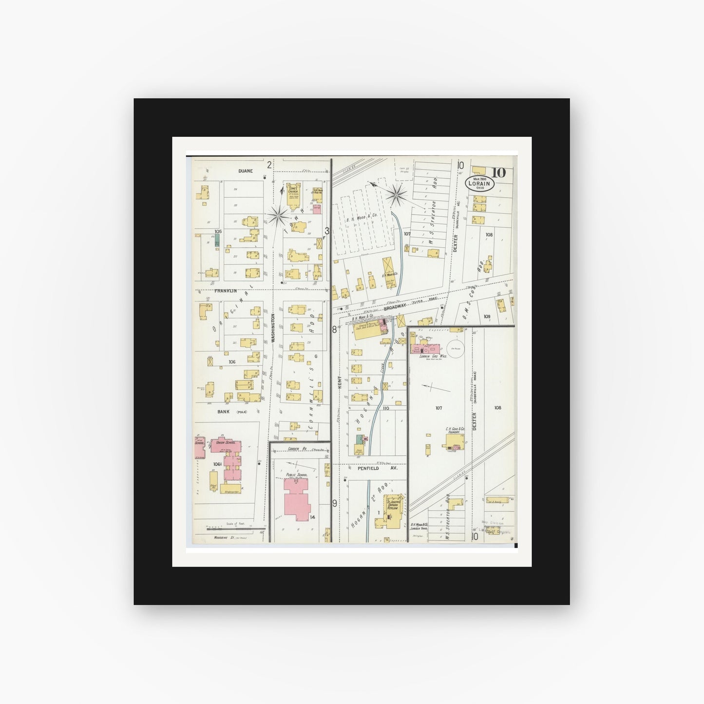 Old map wall art mockup — black gallery frame with white mat — Sanborn Fire Insurance Map from Lorain, Lorain County, Ohio (1900), Sheet #0010