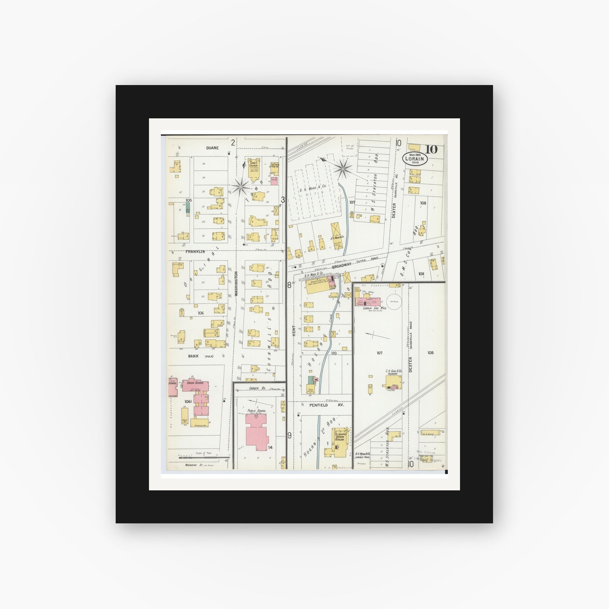 Old map wall art mockup — black gallery frame with white mat — Sanborn Fire Insurance Map from Lorain, Lorain County, Ohio (1900), Sheet #0010
