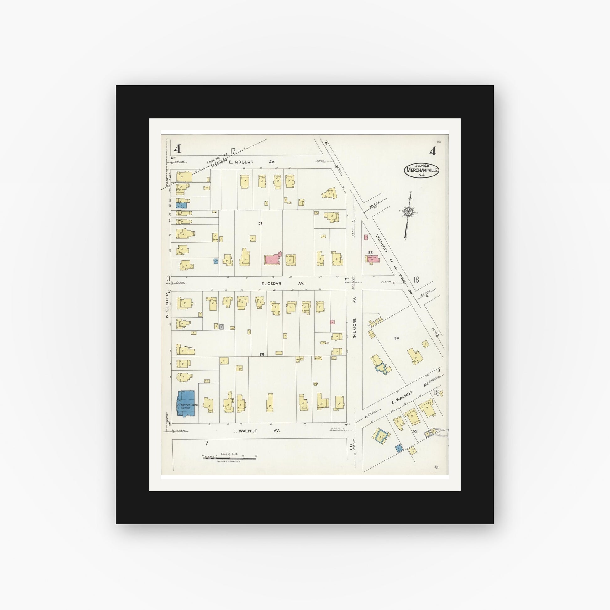 Old map wall art mockup — black gallery frame with white mat — Sanborn Fire Insurance Map from Merchantville, Camden County, New Jersey (1925), Sheet #0004