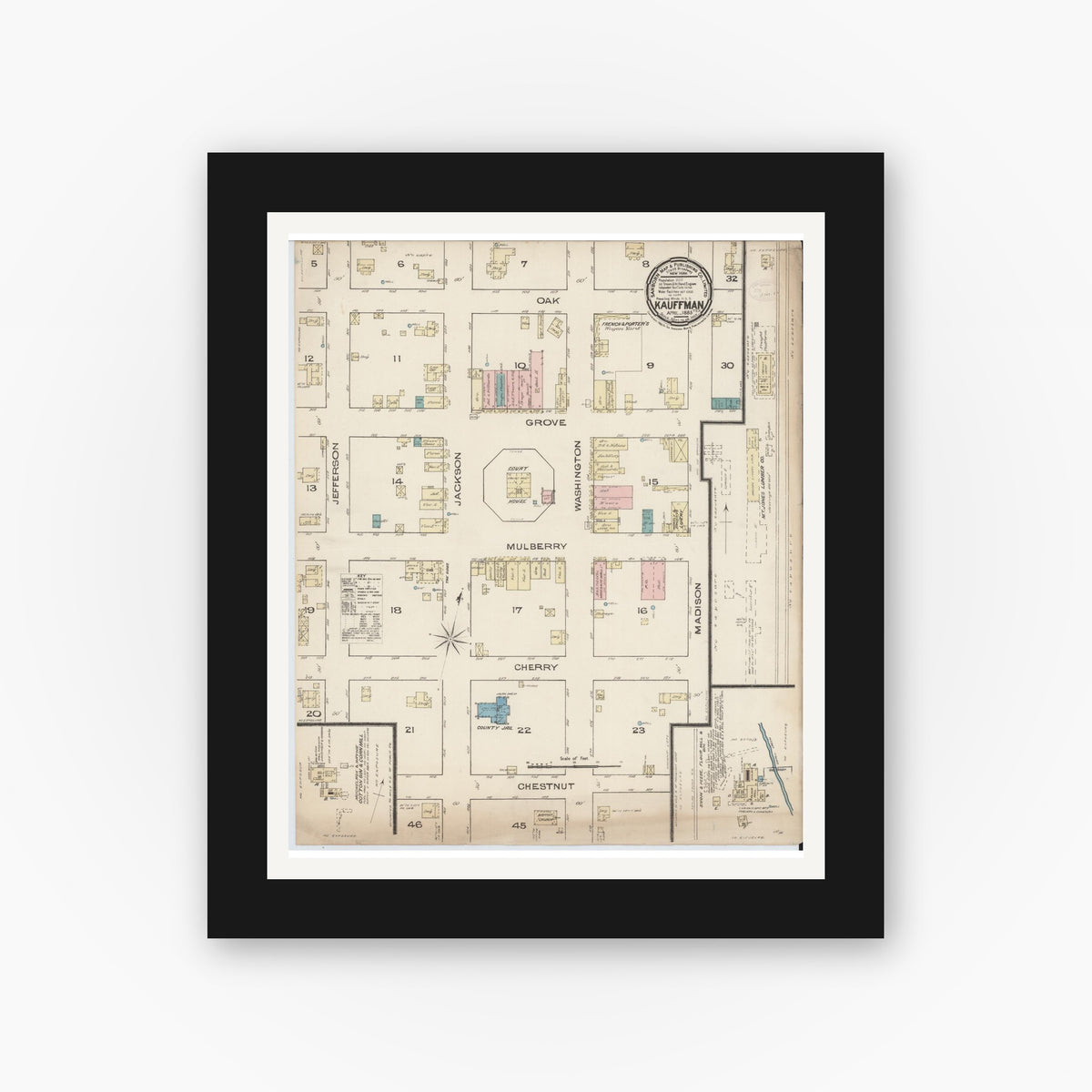 Old map wall art mockup — black gallery frame with white mat — Sanborn Fire Insurance Map from Kaufman, Kaufman County, Texas (1885), Sheet #0001