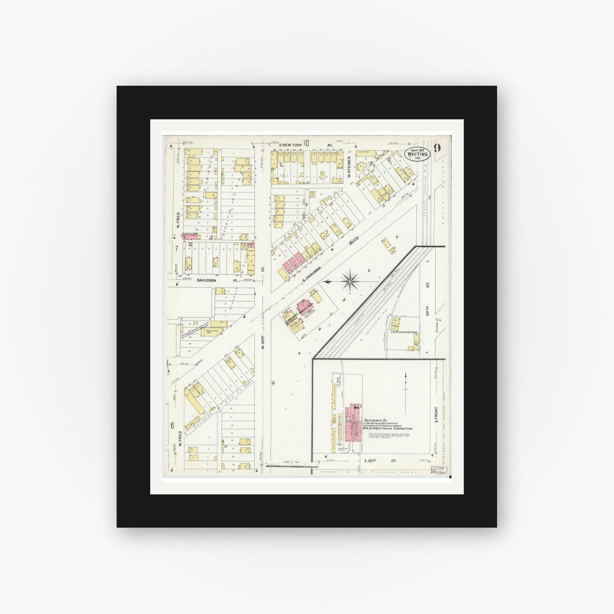 Old map wall art mockup — black gallery frame with white mat — Sanborn Fire Insurance Map from Whiting, Lake County, Indiana (1907), Sheet #0009