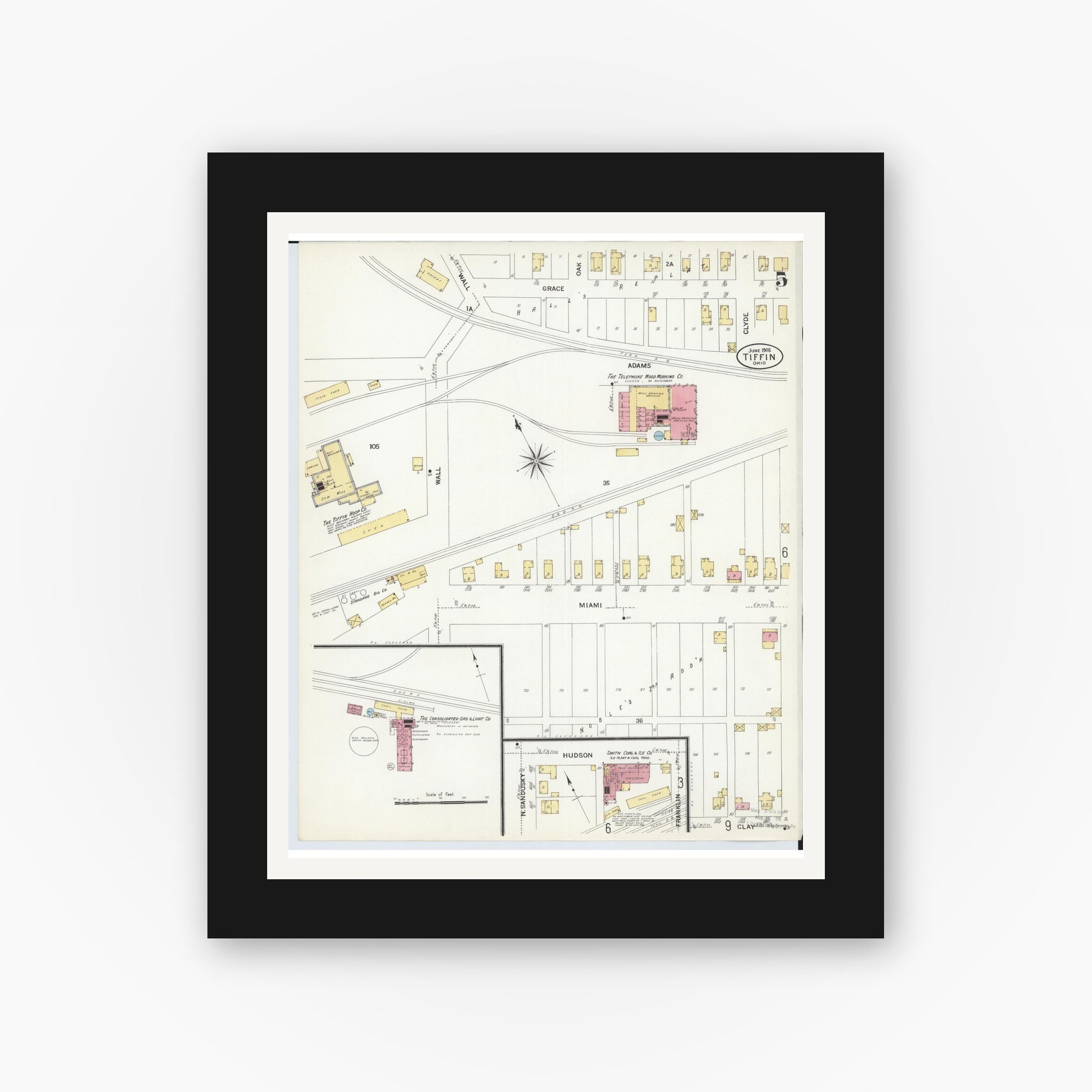 Old map wall art mockup — black gallery frame with white mat — Sanborn Fire Insurance Map from Tiffin, Seneca County, Ohio (1908), Sheet #0005