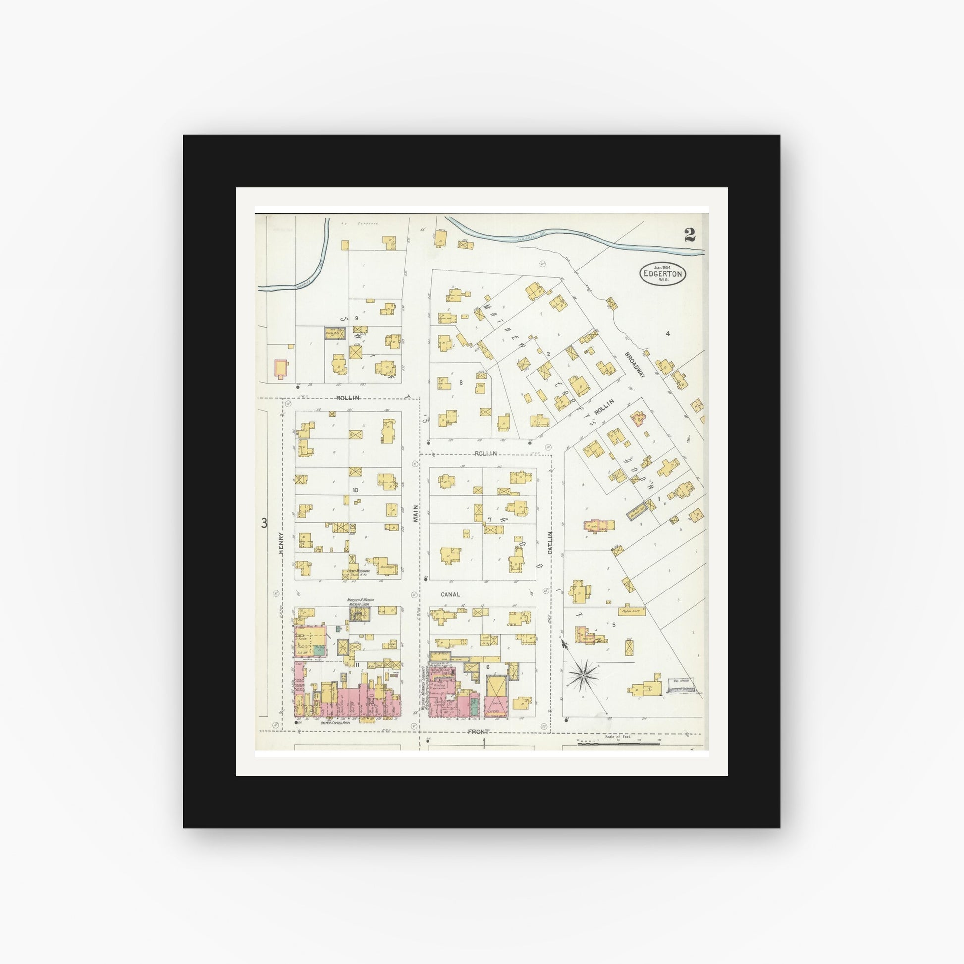 Old map wall art mockup — black gallery frame with white mat — Sanborn Fire Insurance Map from Edgerton, Rock County, Wisconsin (1904) - Complete Map Set
