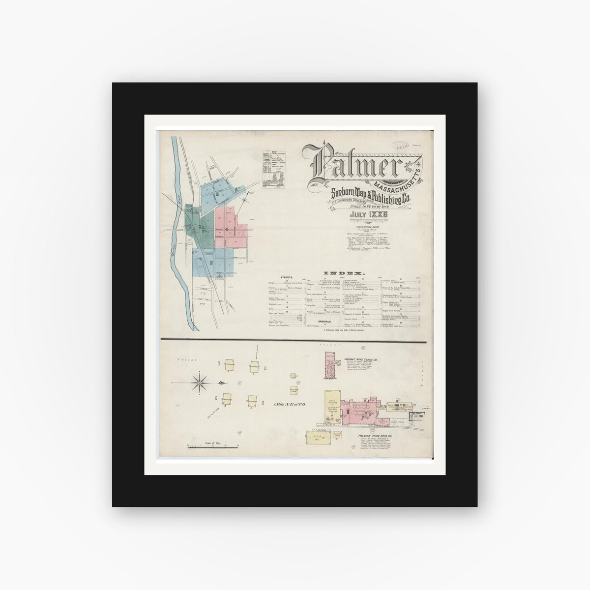 Old map wall art mockup — black gallery frame with white mat — Sanborn Fire Insurance Map from Palmer, Hampden County, Massachusetts (1886), Sheet #0001