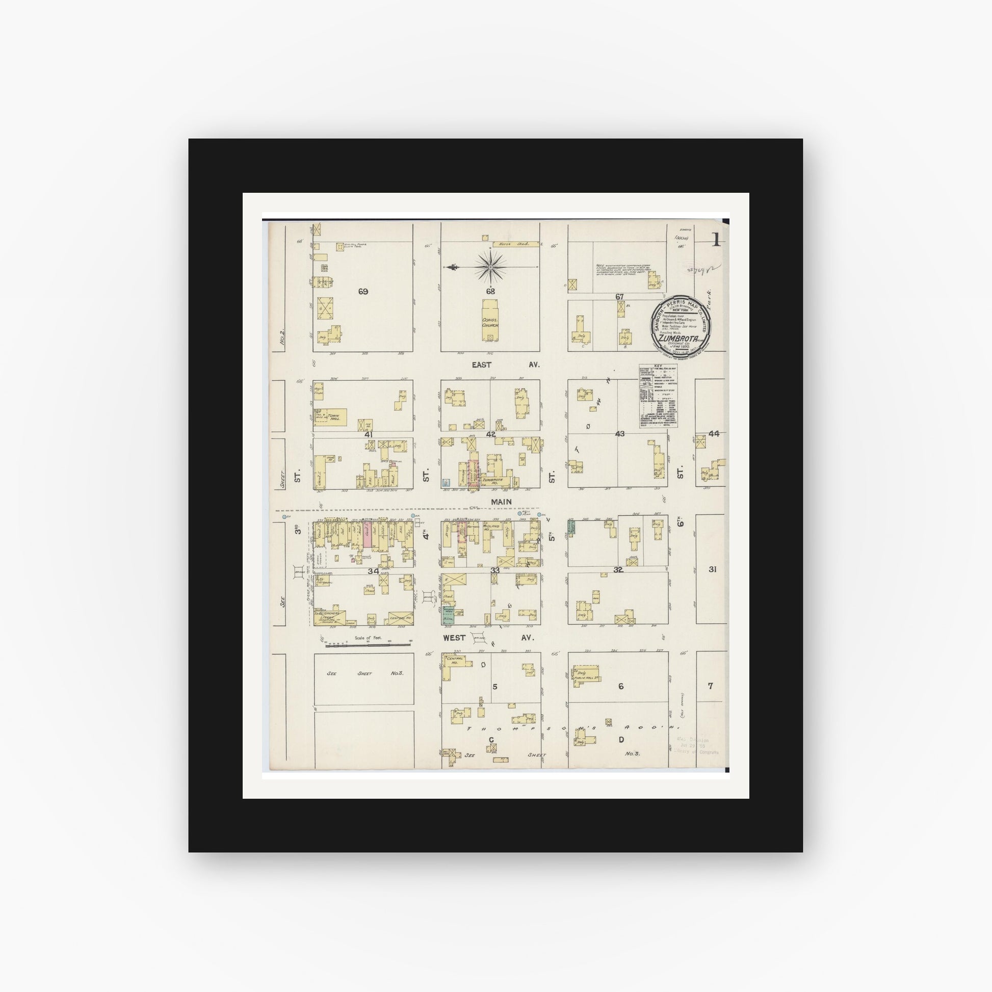 Old map wall art mockup — black gallery frame with white mat — Sanborn Fire Insurance Map from Zumbrota, Goodhue County, Minnesota (1890) - Complete Map Set