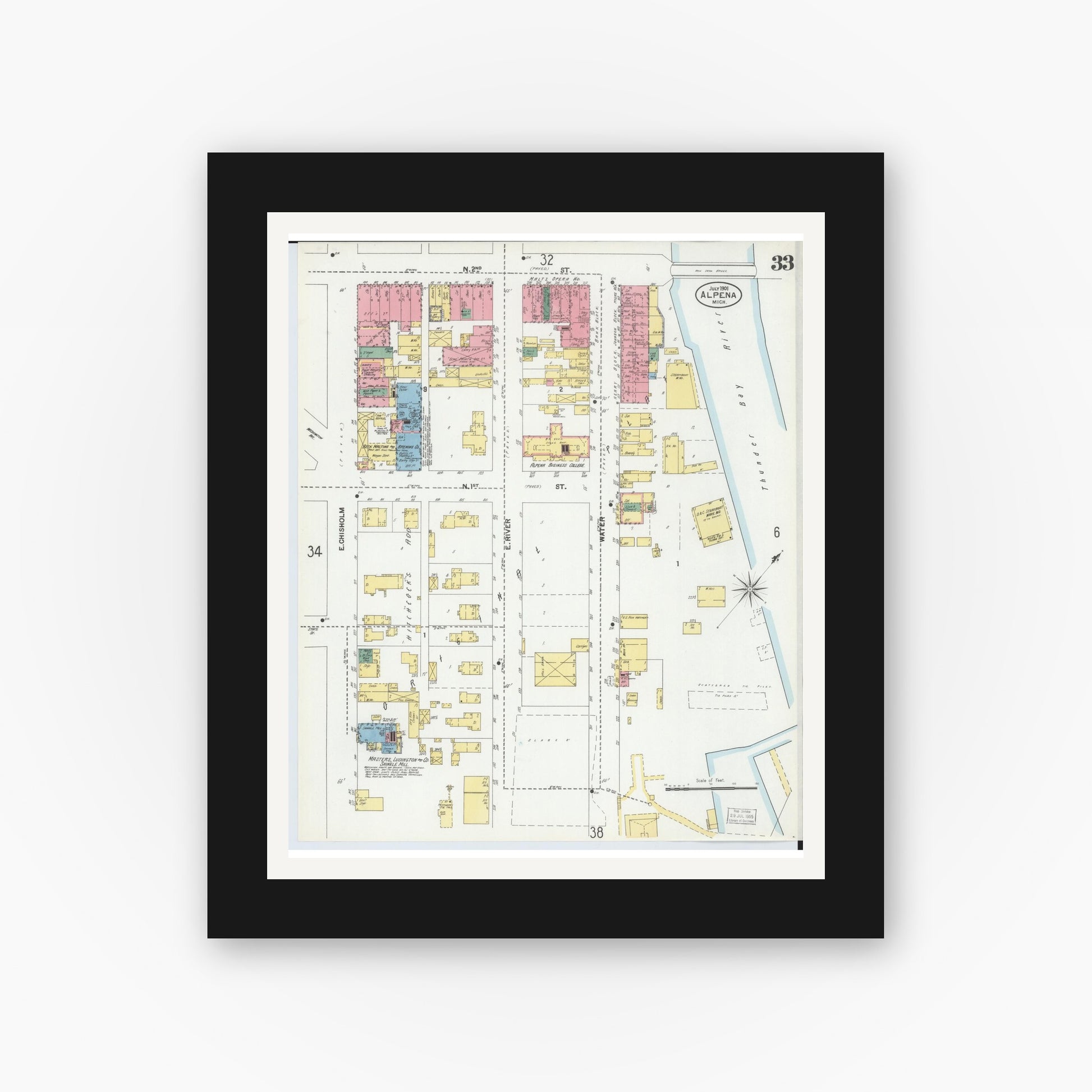 Old map wall art mockup — black gallery frame with white mat — Sanborn Fire Insurance Map from Alpena, Alpena County, Michigan (1901), Sheet #0033