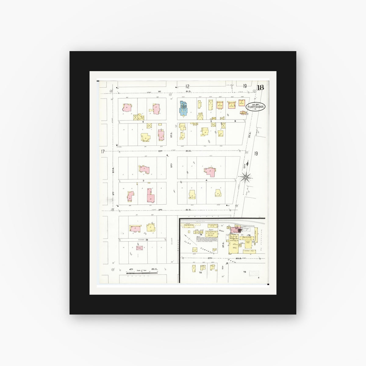 Old map wall art mockup — black gallery frame with white mat — Sanborn Fire Insurance Map from Fort Dodge, Webster County, Iowa (1907), Sheet #0018