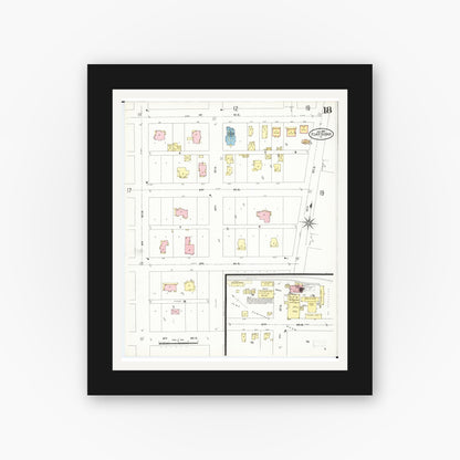 Old map wall art mockup — black gallery frame with white mat — Sanborn Fire Insurance Map from Fort Dodge, Webster County, Iowa (1907), Sheet #0018