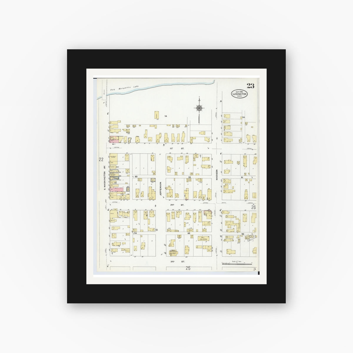 Old map wall art mockup — black gallery frame with white mat — Sanborn Fire Insurance Map from Ludington, Mason County, Michigan (1910), Sheet #0023