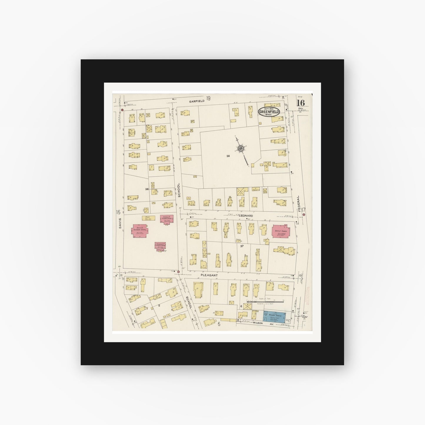 Old map wall art mockup — black gallery frame with white mat — Sanborn Fire Insurance Map from Greenfield, Franklin County, Massachusetts (1922), Sheet #0016
