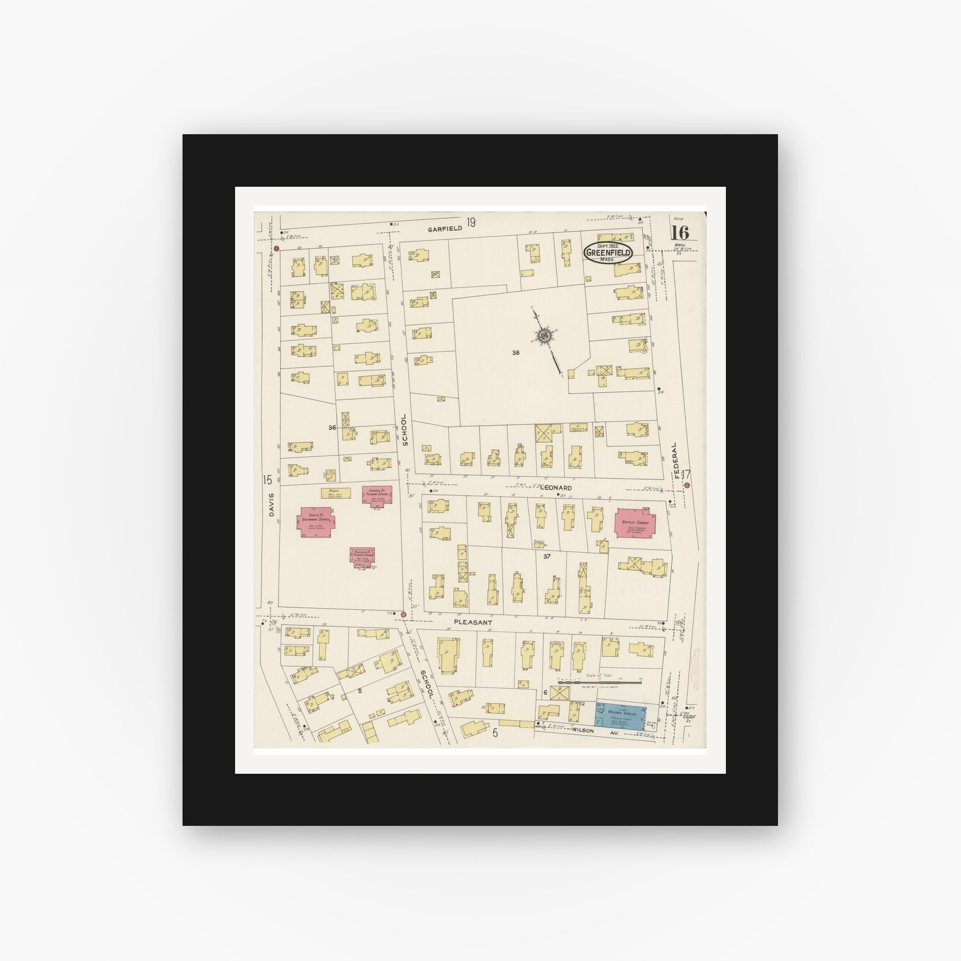 Old map wall art mockup — black gallery frame with white mat — Sanborn Fire Insurance Map from Greenfield, Franklin County, Massachusetts (1922), Sheet #0016