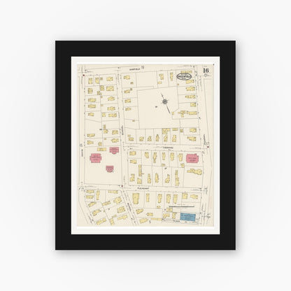 Old map wall art mockup — black gallery frame with white mat — Sanborn Fire Insurance Map from Greenfield, Franklin County, Massachusetts (1922), Sheet #0016