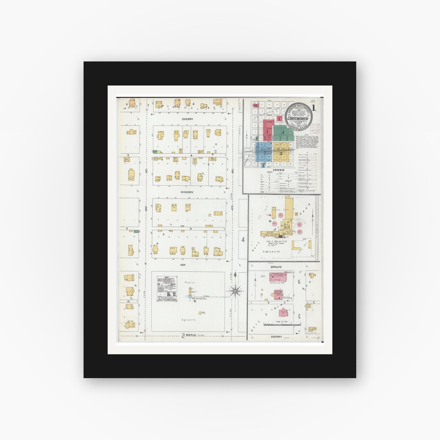 Old map wall art mockup — black gallery frame with white mat — Sanborn Fire Insurance Map from Chatsworth, Livingston County, Illinois (1906) - Complete Map Set