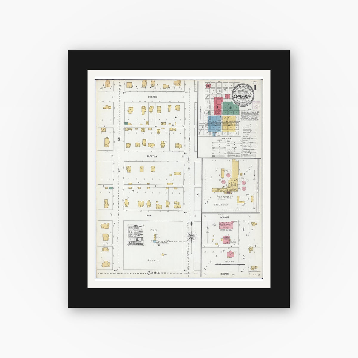 Old map wall art mockup — black gallery frame with white mat — Sanborn Fire Insurance Map from Chatsworth, Livingston County, Illinois (1906) - Complete Map Set