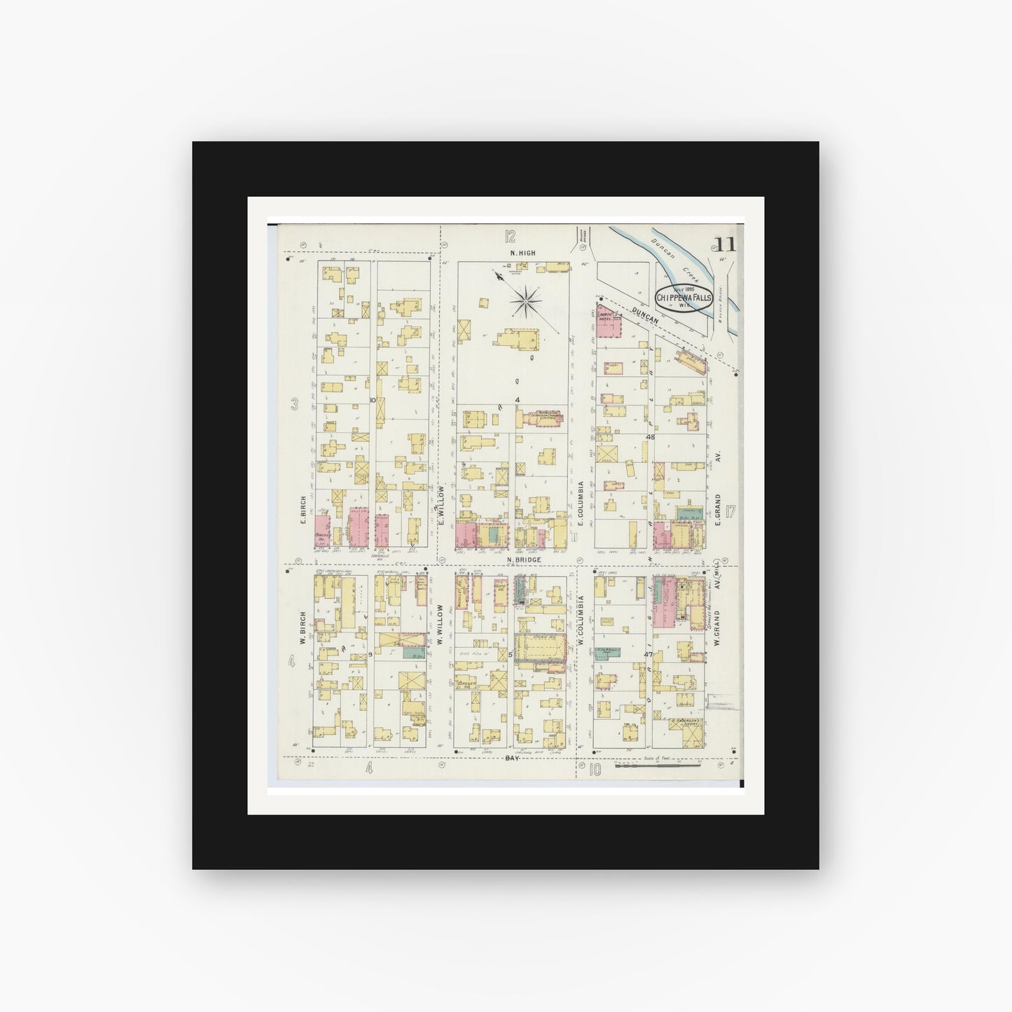 Old map wall art mockup — black gallery frame with white mat — Sanborn Fire Insurance Map from Chippewa Falls, Chippewa County, Wisconsin (1895), Sheet #0011
