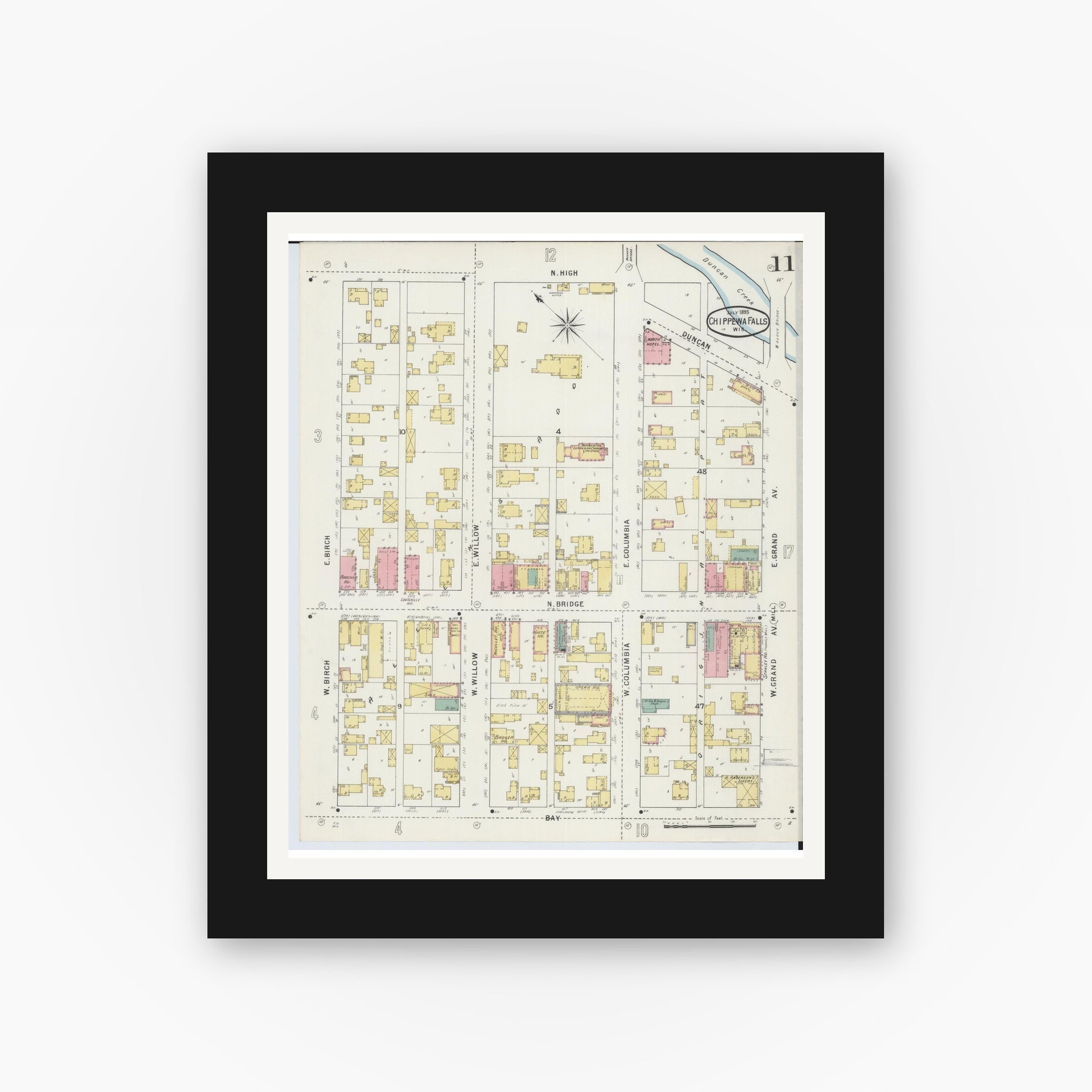 Old map wall art mockup — black gallery frame with white mat — Sanborn Fire Insurance Map from Chippewa Falls, Chippewa County, Wisconsin (1895), Sheet #0011