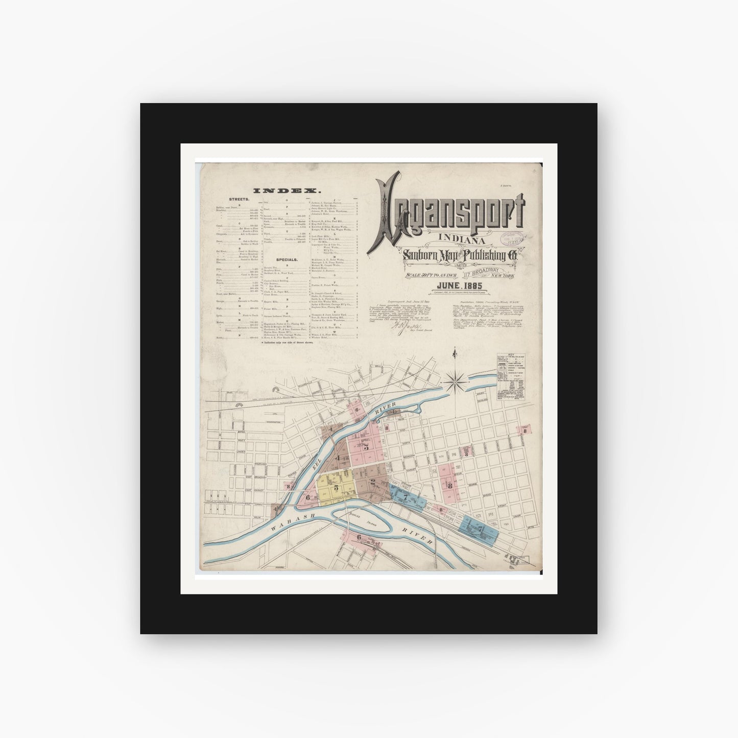 Old map wall art mockup — black gallery frame with white mat — Sanborn Fire Insurance Map from Logansport, Cass County, Indiana (1885) - Complete Map Set