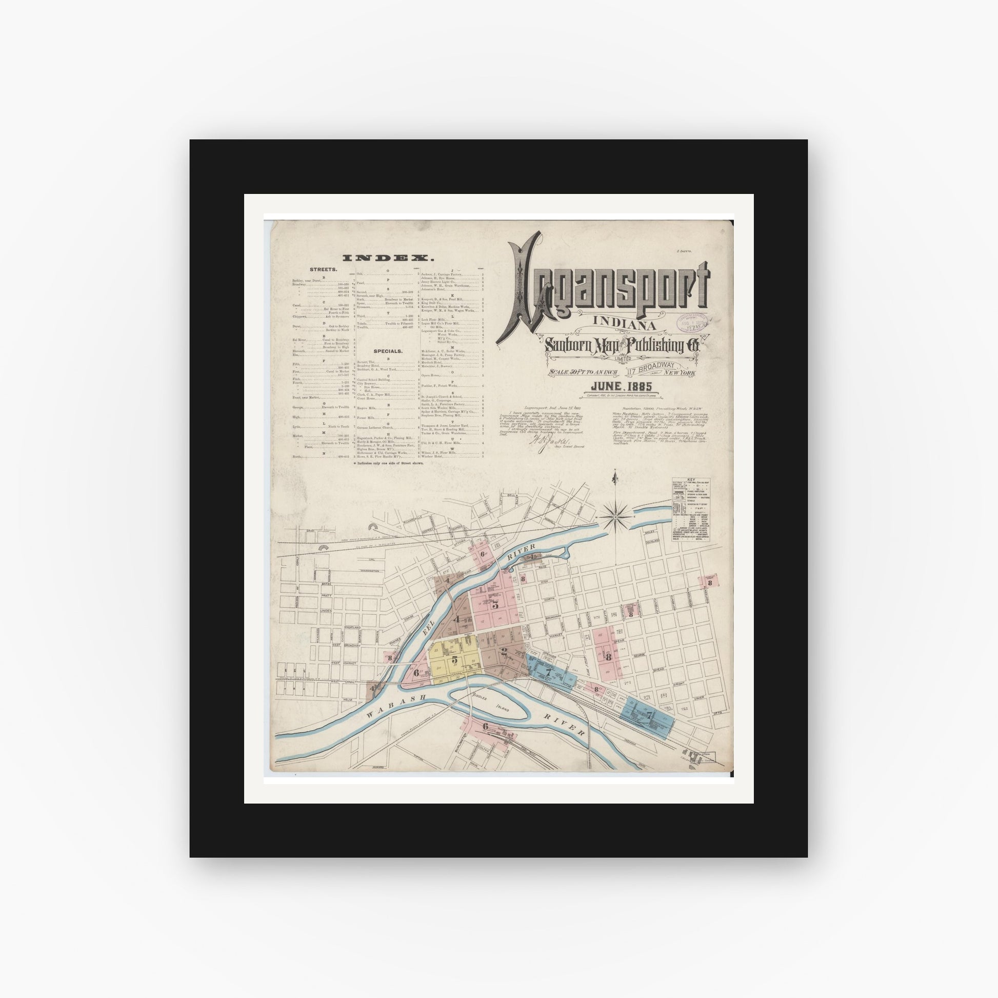 Old map wall art mockup — black gallery frame with white mat — Sanborn Fire Insurance Map from Logansport, Cass County, Indiana (1885) - Complete Map Set
