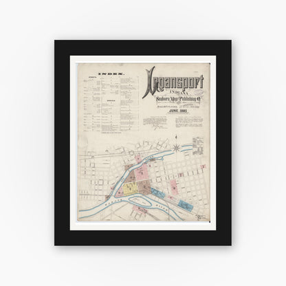 Old map wall art mockup — black gallery frame with white mat — Sanborn Fire Insurance Map from Logansport, Cass County, Indiana (1885) - Complete Map Set