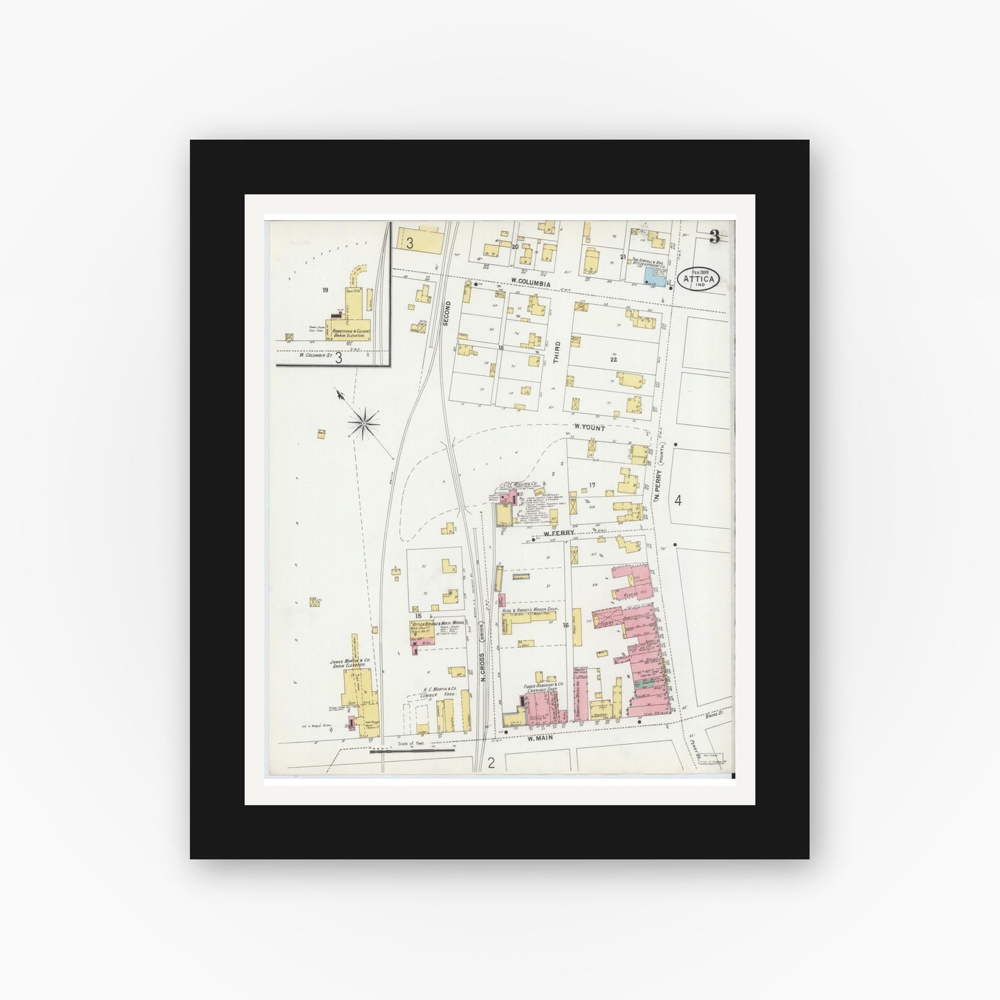 Old map wall art mockup — black gallery frame with white mat — Sanborn Fire Insurance Map from Attica, Fountain County, Indiana (1899), Sheet #0003