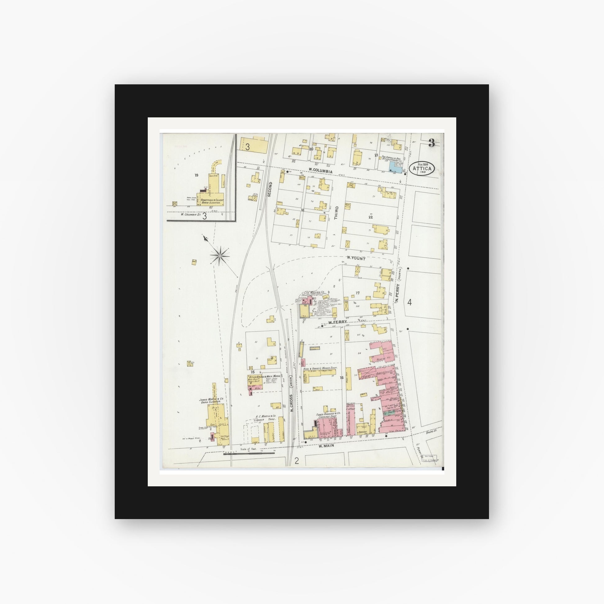 Old map wall art mockup — black gallery frame with white mat — Sanborn Fire Insurance Map from Attica, Fountain County, Indiana (1899), Sheet #0003