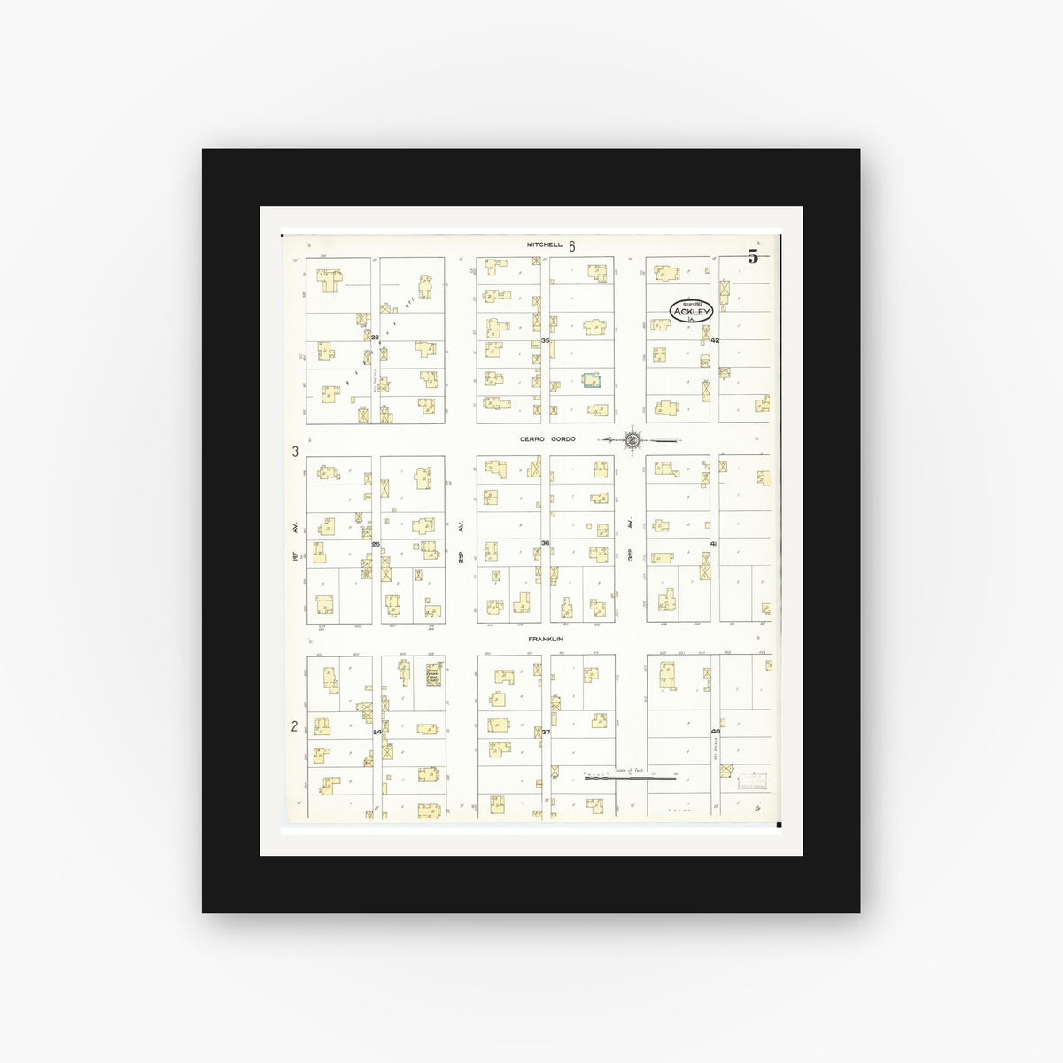 Old map wall art mockup — black gallery frame with white mat — Sanborn Fire Insurance Map from Ackley, Hardin and Franklin Counties, Iowa (1911), Sheet #0005