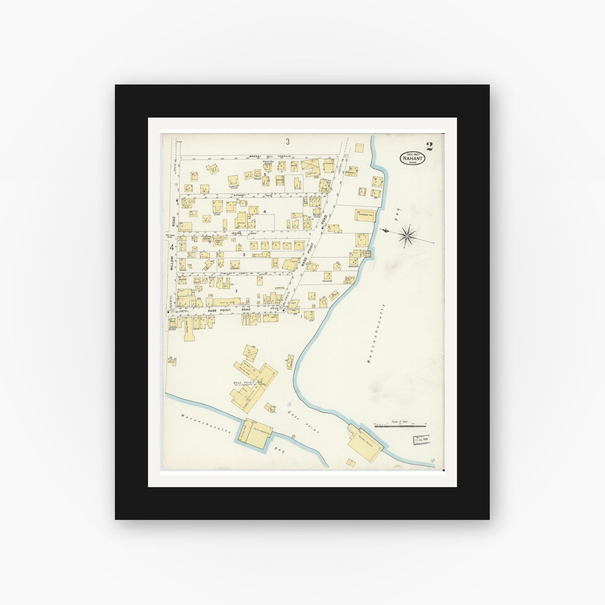 Old map wall art mockup — black gallery frame with white mat — Sanborn Fire Insurance Map from Nahant, Essex County, Massachusetts (1907), Sheet #0002