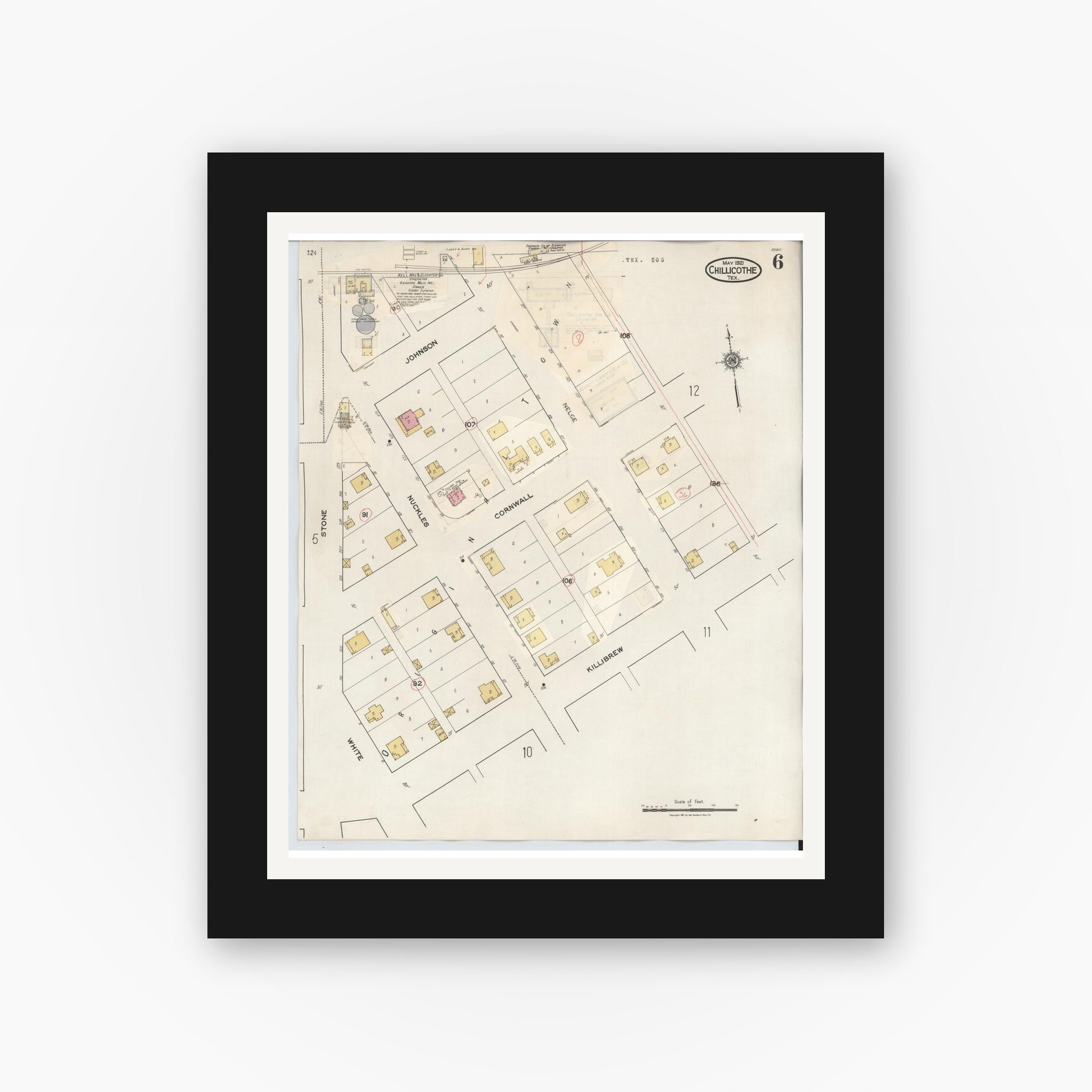 Old map wall art mockup — black gallery frame with white mat — Sanborn Fire Insurance Map from Chillicothe, Hardeman County, Texas (1941), Sheet #0006