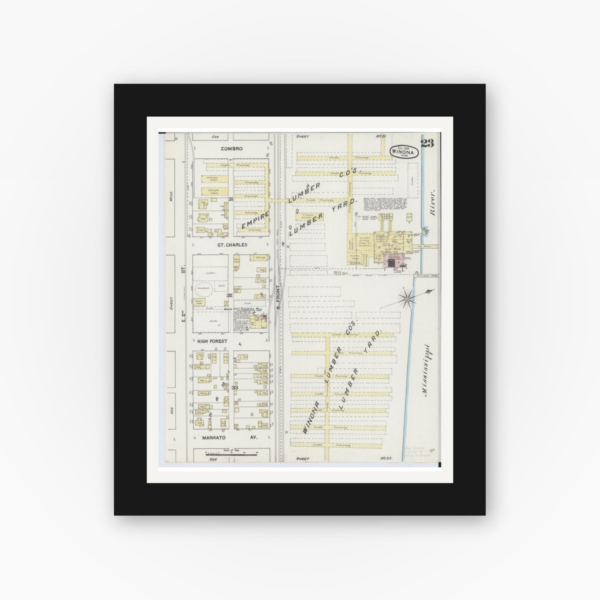 Old map wall art mockup — black gallery frame with white mat — Sanborn Fire Insurance Map from Winona, Winona County, Minnesota (1889), Sheet #0023