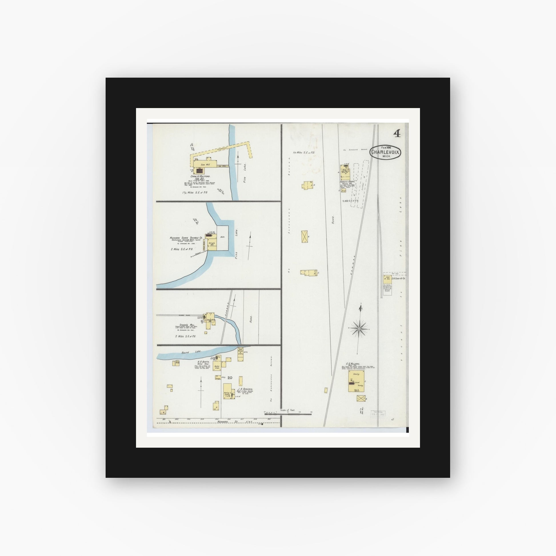Old map wall art mockup — black gallery frame with white mat — Sanborn Fire Insurance Map from Charlevoix, Charlevoix County, Michigan (1896), Sheet #0004