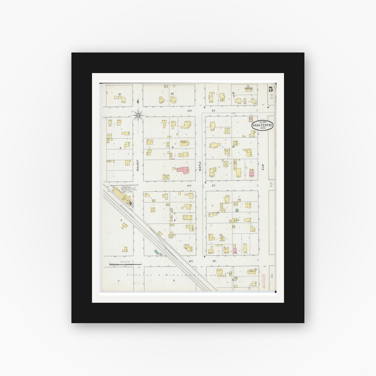 Old map wall art mockup — black gallery frame with white mat — Sanborn Fire Insurance Map from Sauk Centre, Stearns County, Minnesota (1895), Sheet #0005