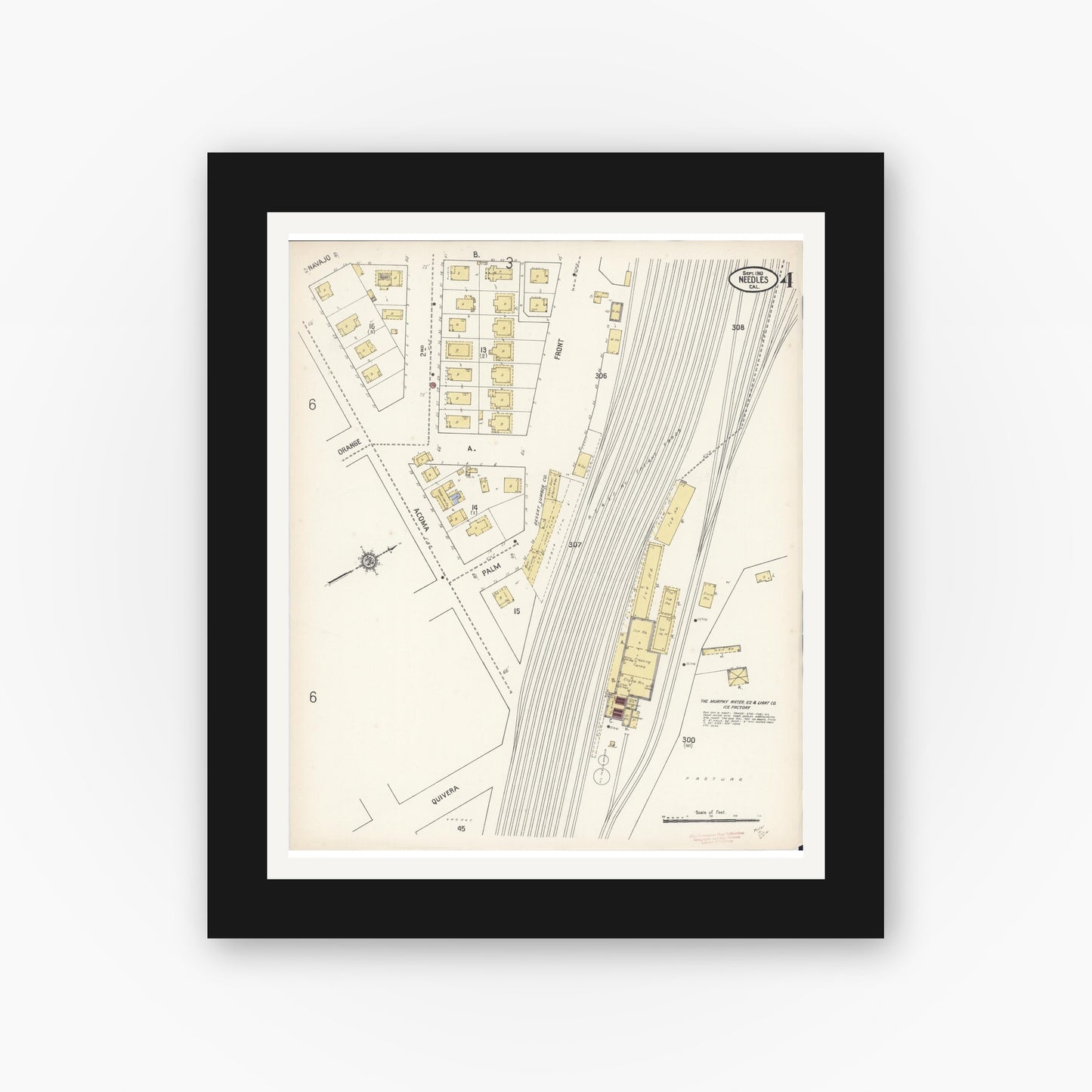 Old map wall art mockup — black gallery frame with white mat — Sanborn Fire Insurance Map from Needles, San Bernardino County, California (1910), Sheet #0004