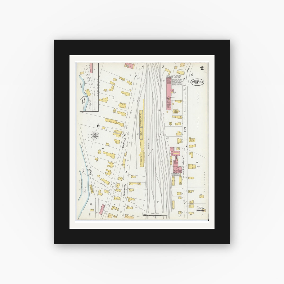 Old map wall art mockup — black gallery frame with white mat — Sanborn Fire Insurance Map from Greenfield, Franklin County, Massachusetts (1902), Sheet #0002