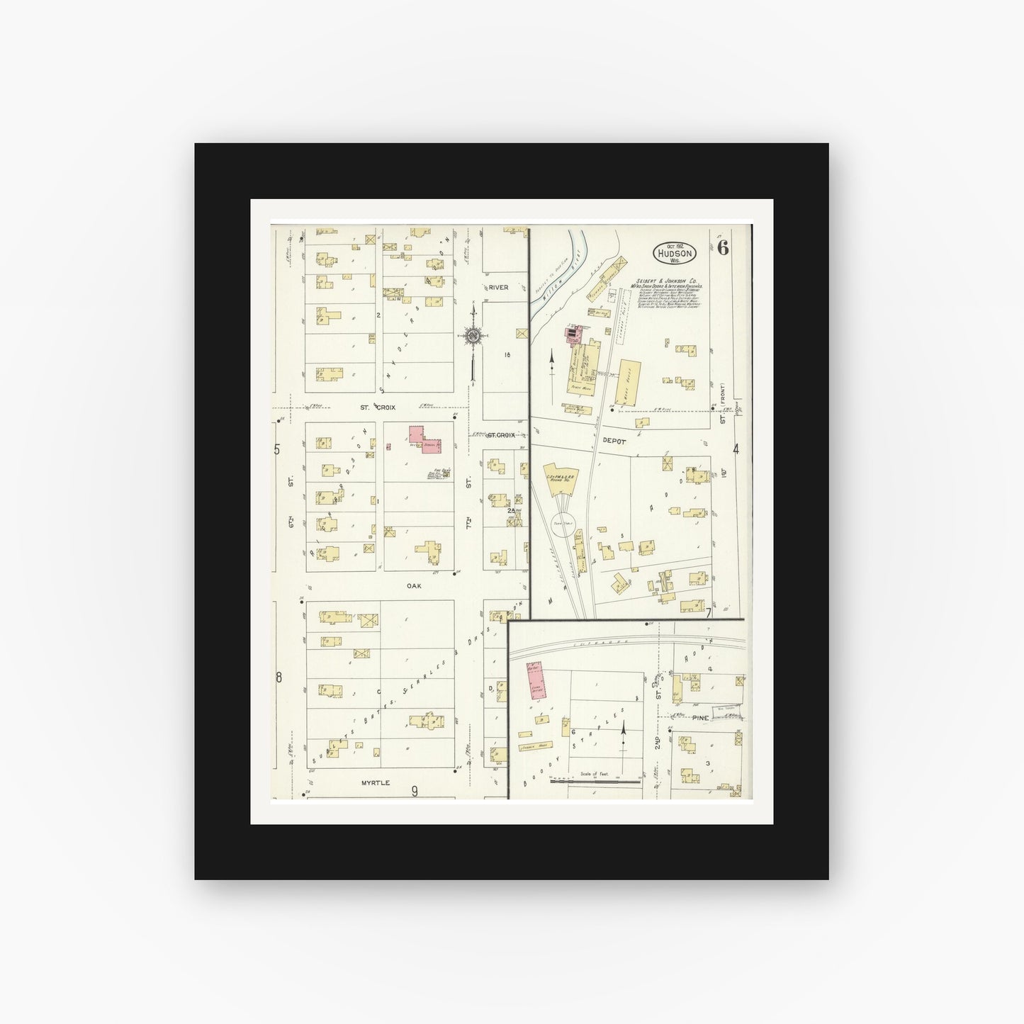 Old map wall art mockup — black gallery frame with white mat — Sanborn Fire Insurance Map from Hudson, St. Croix County, Wisconsin (1912), Sheet #0006