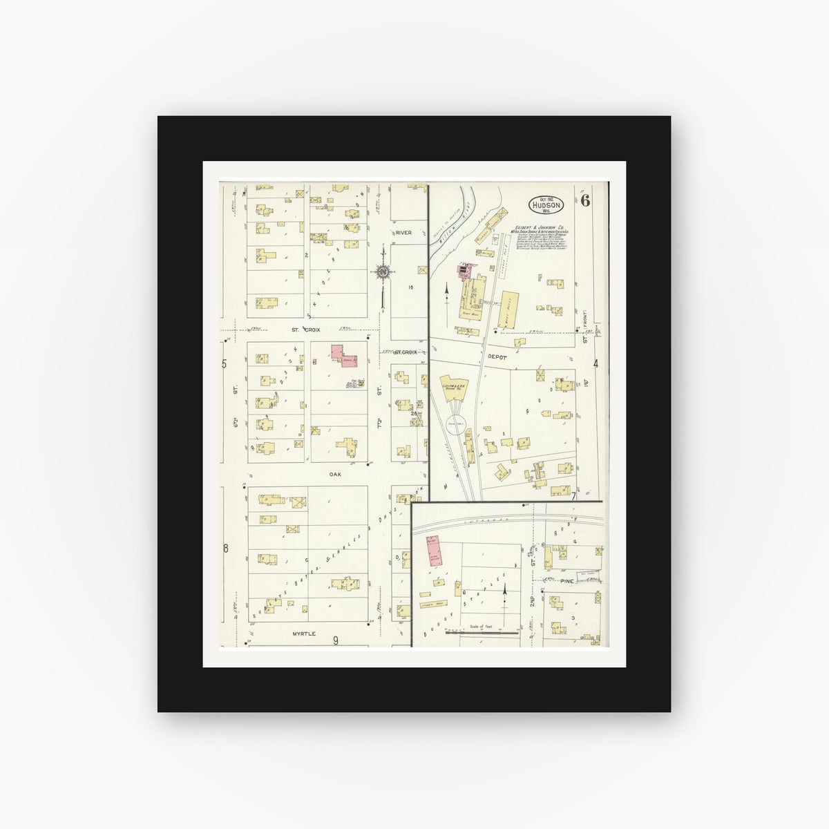 Old map wall art mockup — black gallery frame with white mat — Sanborn Fire Insurance Map from Hudson, St. Croix County, Wisconsin (1912), Sheet #0006