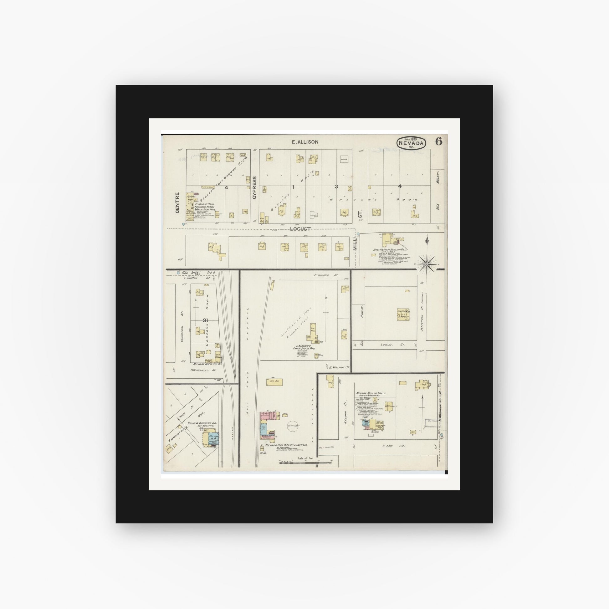 Old map wall art mockup — black gallery frame with white mat — Sanborn Fire Insurance Map from Nevada, Vernon County, Missouri (1890), Sheet #0006