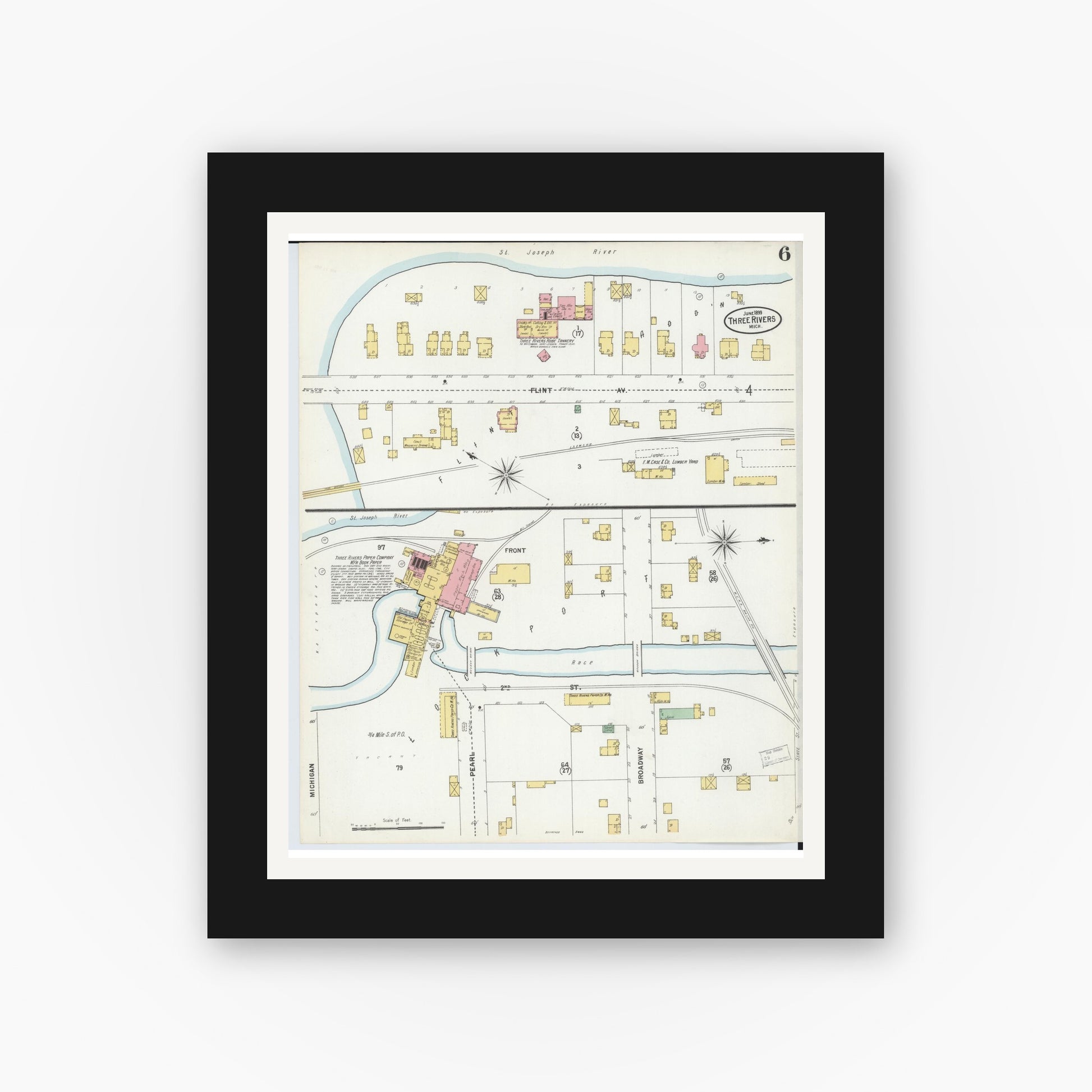 Old map wall art mockup — black gallery frame with white mat — Sanborn Fire Insurance Map from Three Rivers, Saint Joseph County, Michigan (1899), Sheet #0006